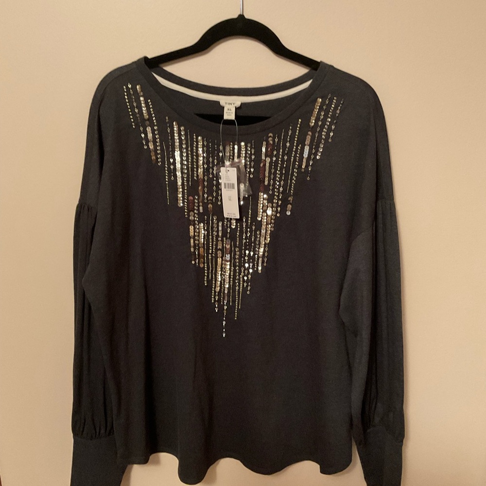 Black Long Sleeve Top with Gold Sequin Design